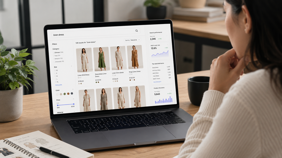 Shopify search interface showing product filters, search results, and ecommerce product discovery insights.