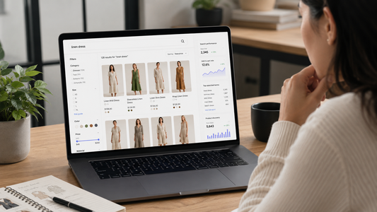 Shopify search interface showing product filters, search results, and ecommerce product discovery insights.