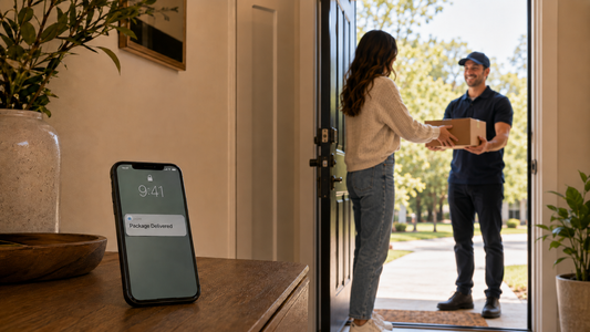 Customer receiving a package at home while a phone displays a Package Delivered notification