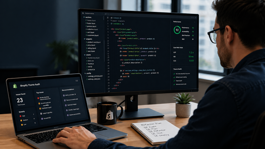 Developer reviewing Shopify theme code and performance metrics for a legacy theme refactor
