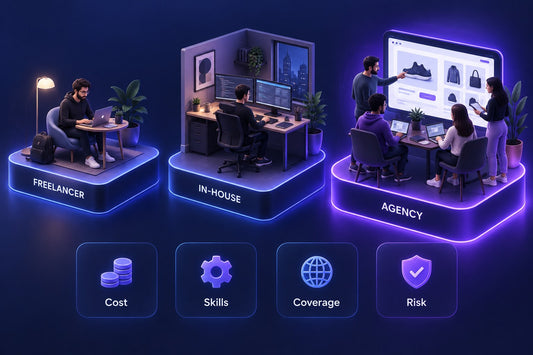 Comparison of hiring a Shopify freelancer, an in-house developer or an agency