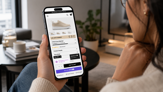 Shopper viewing a cluttered Shopify product page on a mobile phone, illustrating how poor UX can create friction and hurt conversions