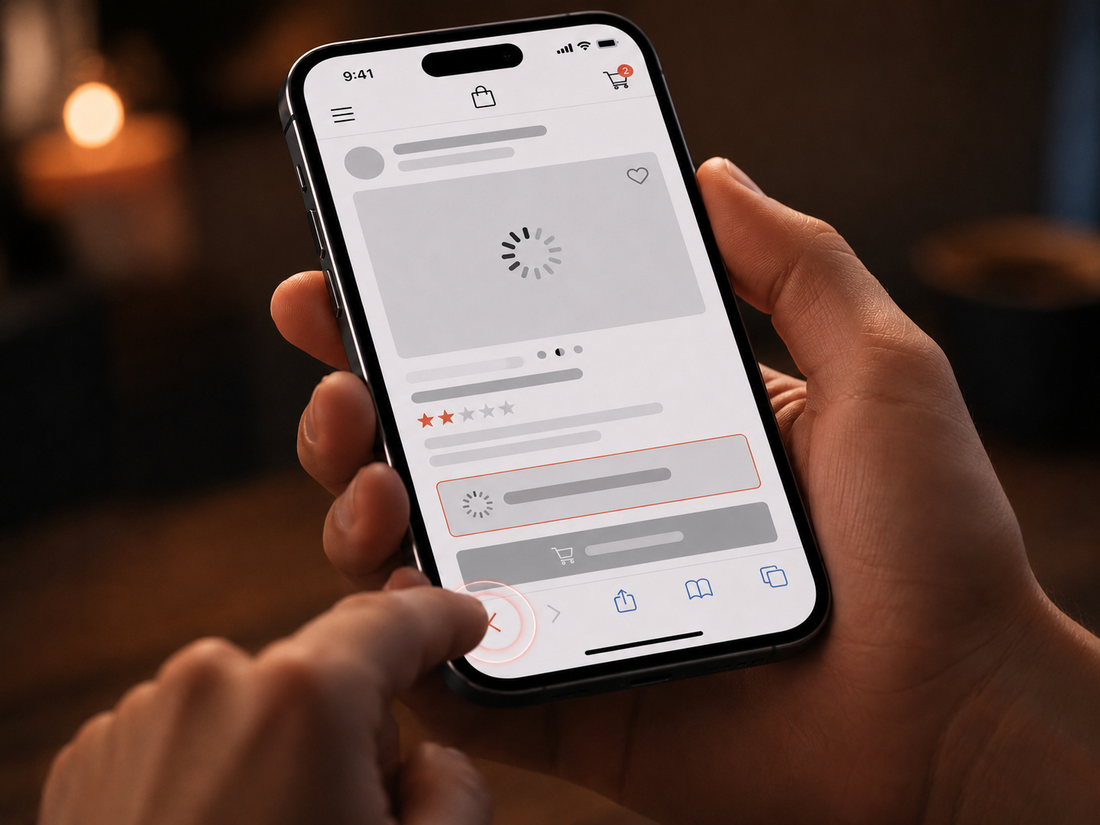 Shopper waiting for a slow ecommerce product page to load on a smartphone.
